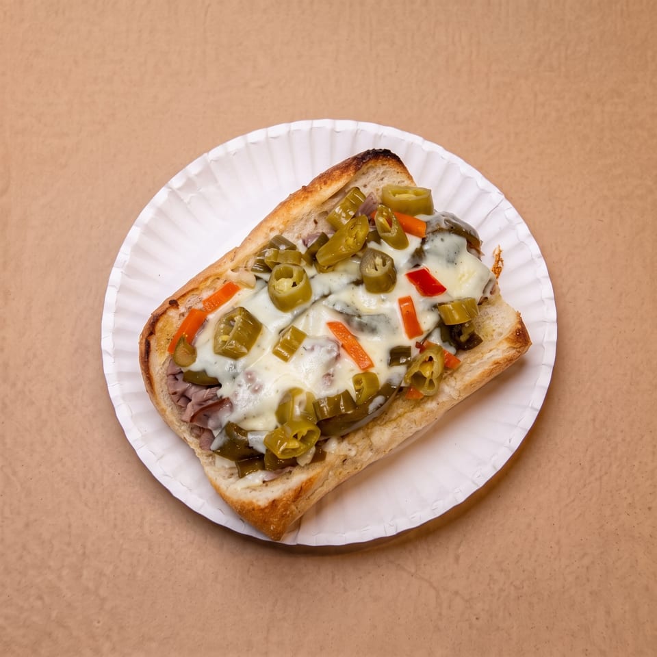 Melted cheese and pickled peppers on a sub sandwich served on a white paper plate.