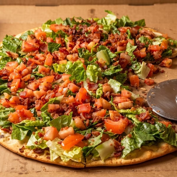 Fresh salad pizza with lettuce, tomatoes, and bacon bits in a cardboard box, next to a pizza cutter.
