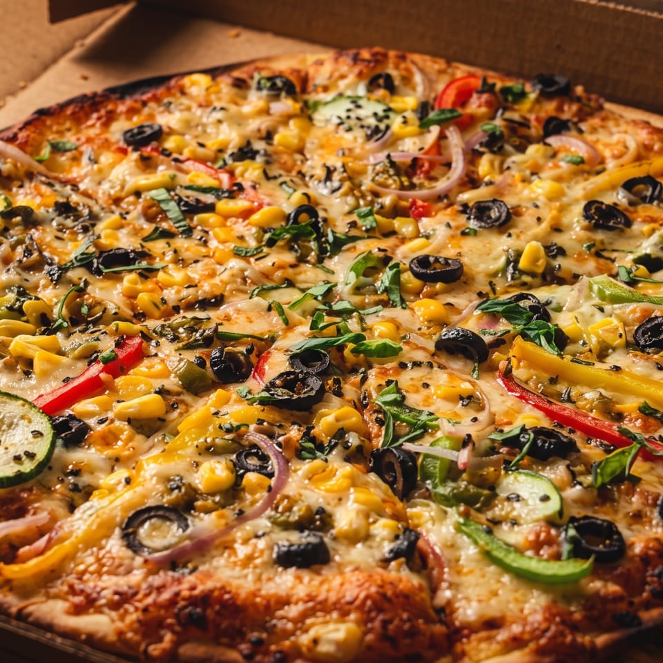 Whole vegetarian pizza with corn, olives, peppers, and zucchini in a cardboard box.