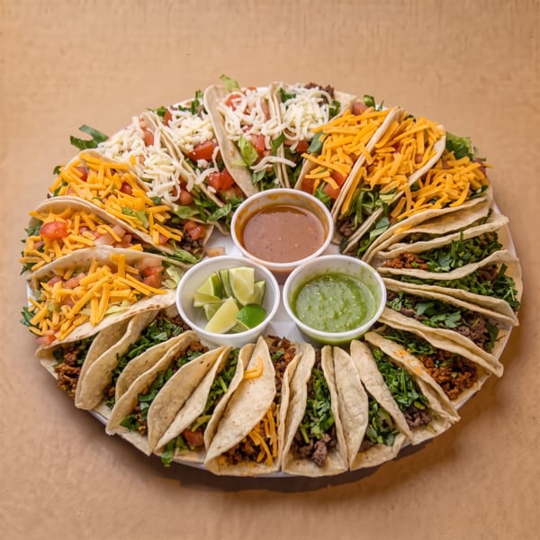 Assorted tacos on a platter with cheese, cilantro, lettuce, tomatoes, and dipping sauces.
