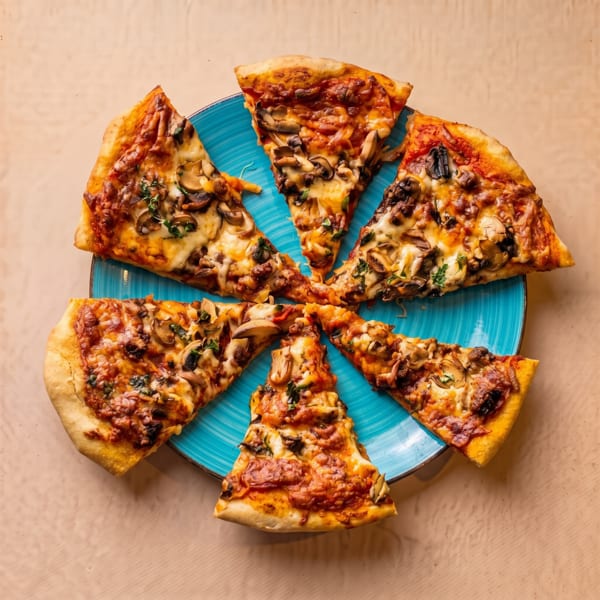Six mushroom pizza slices with cheese and tomato sauce arranged on a vibrant blue plate.